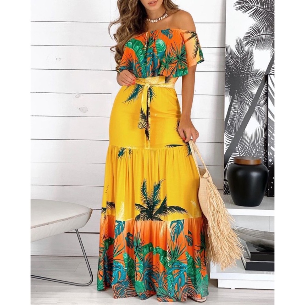 Chicme Off Shoulder Tropical Print Ruffles Maxi Dress With Belt